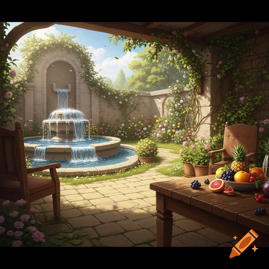 A vibrant garden with a multi-tiered stone fountain, blooming flowers, and a wooden table filled with fresh fruits under a vine-covered pergola.