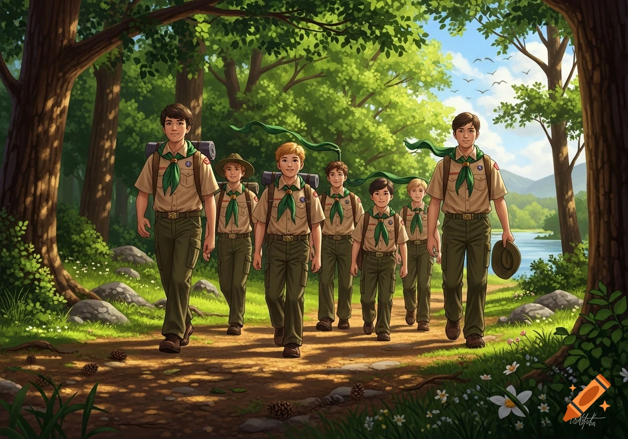 An illustration of a group of boy scouts with backpacks hiking on a dirt path through a vibrant green forest, next to a river under a blue sky.