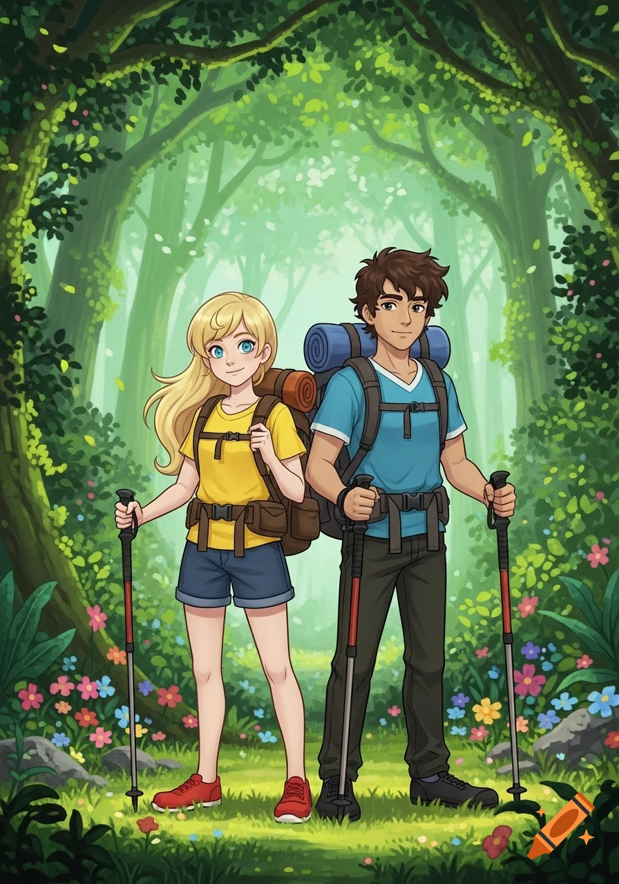 Anime-style illustration of a blonde girl and a brown-haired boy with backpacks and hiking poles in a lush green forest with colorful flowers.