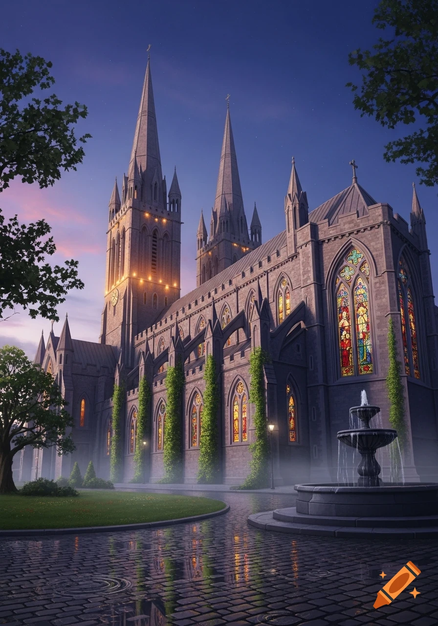 A grand Gothic cathedral at dusk, illuminated by warm lights, with ...