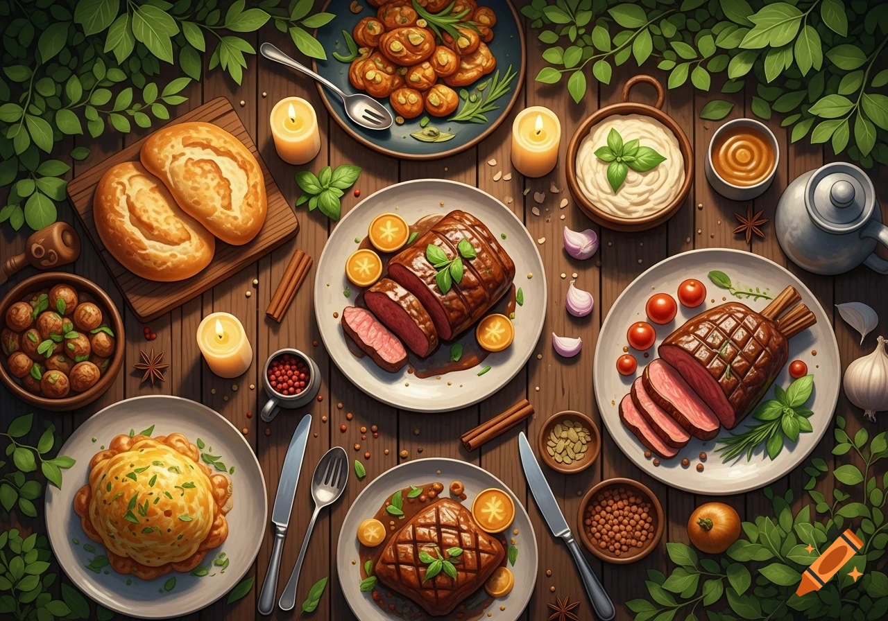 Overhead view of a festive meal spread on a wooden table with roasted meats, bread, and side dishes, surrounded by green leaves and candles.