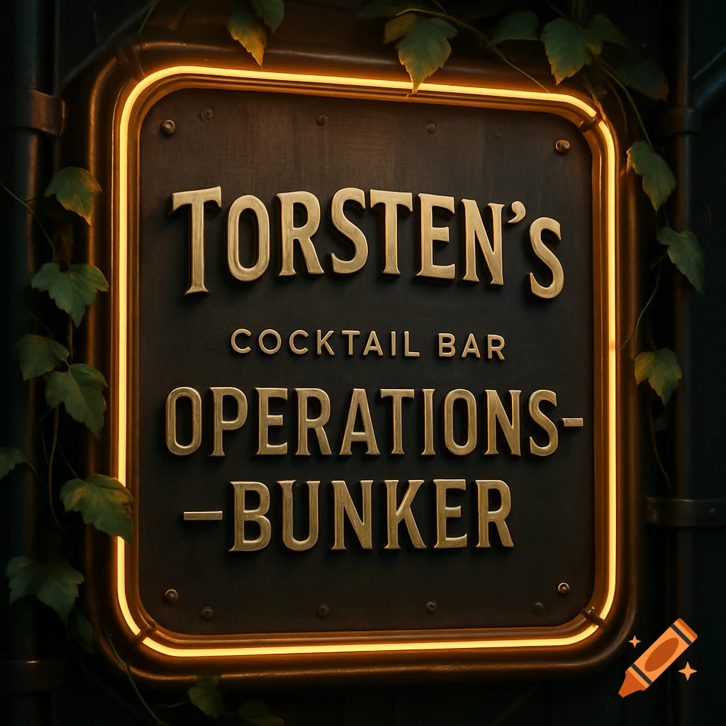 A stylized, dark sign with gold lettering and a glowing orange border reads "TORSTEN'S COCKTAIL BAR OPERATIONS- -BUNKER." Green vines accent the corners.