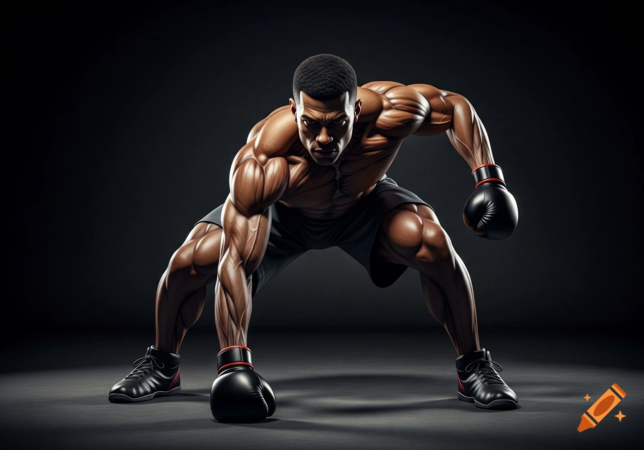 A muscular male boxer in black shorts and gloves, crouched in a ready stance with intense focus, against a dark, dramatically lit background.