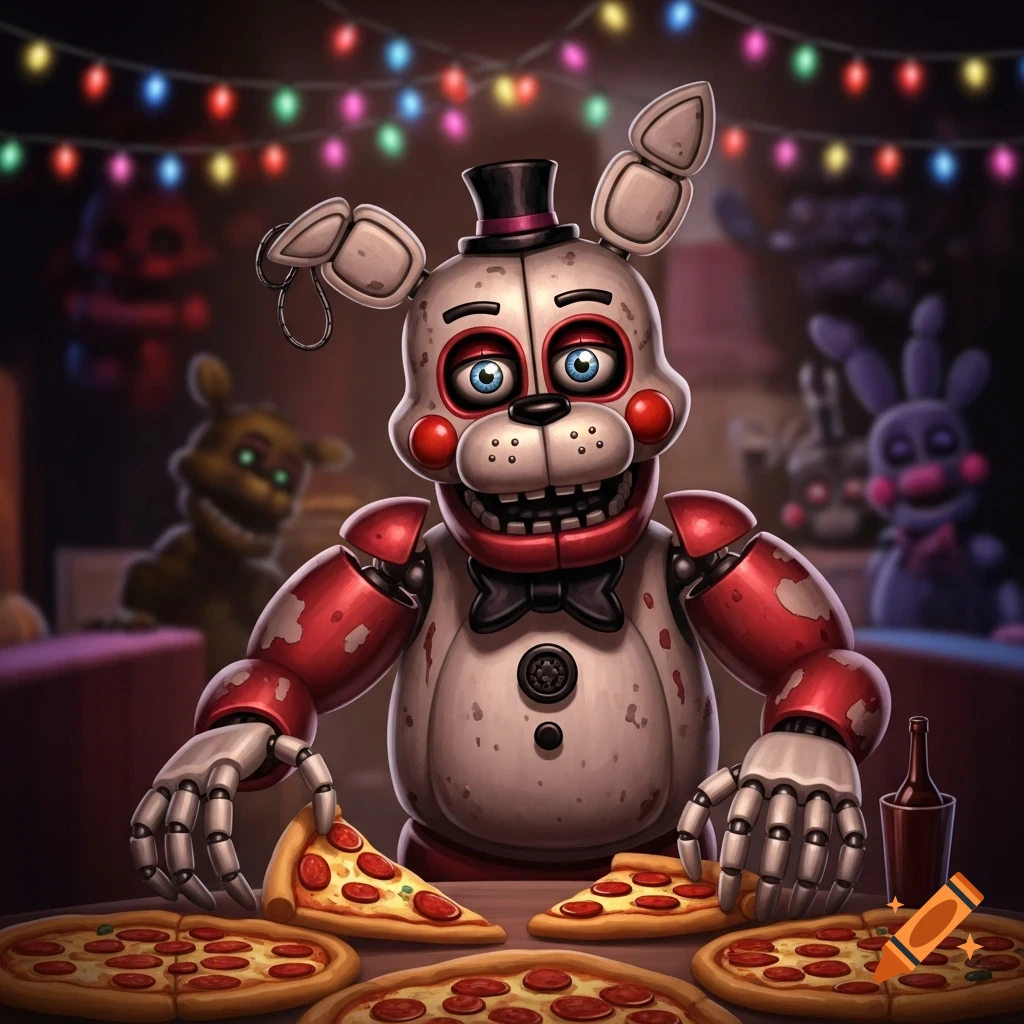 A white and red animatronic bear with blue eyes and a top hat sits at a table full of pepperoni pizzas under festive string lights.