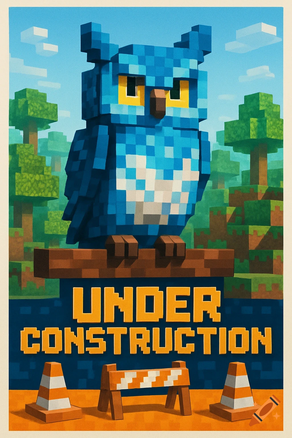 A Minecraft-style poster with a blue pixelated owl, pixelated trees, and 'UNDER CONSTRUCTION' text above a traffic cone and barrier.