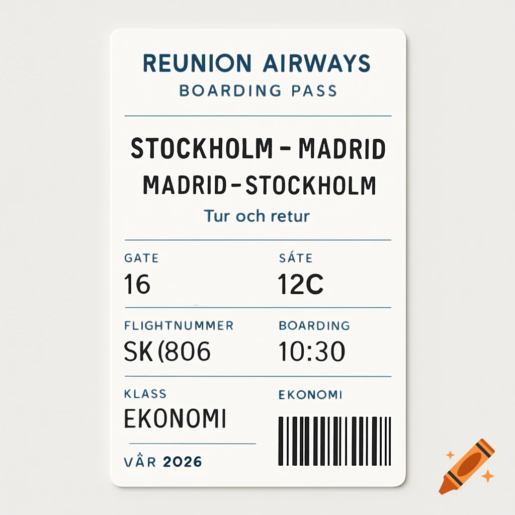 A close-up of a white, modern-designed boarding pass from "Reunion Airways" for a "Stockholm - Madrid" round trip in "Vår 2026", showing gate 16 and seat 12C.