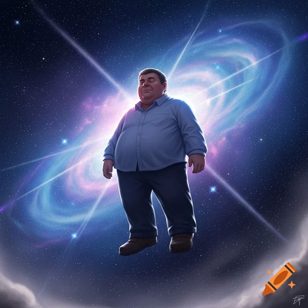 A large man in a blue shirt floats in space with a bright, swirling galaxy and stars behind him.