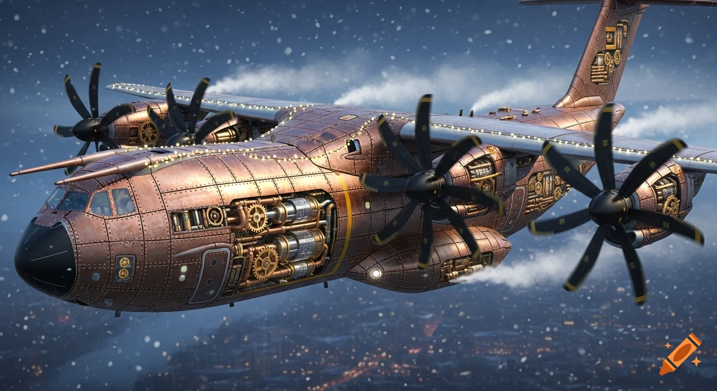 A detailed steampunk military transport aircraft with copper plates, visible gears, and festive lights, flying through a snowy night sky over a city.