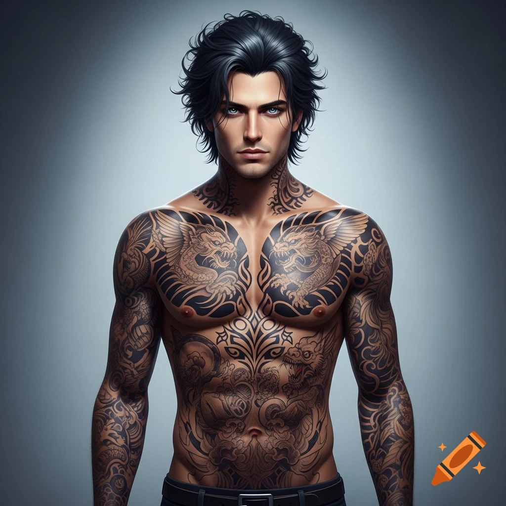 A muscular man with dark, wavy hair and striking blue eyes, heavily adorned with intricate black tattoos across his chest and arms.