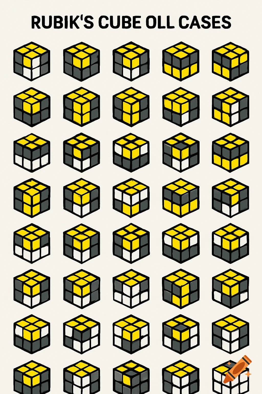 Grid of 35 simplified Rubik's Cube diagrams illustrating OLL cases with yellow top faces and white/gray sides.