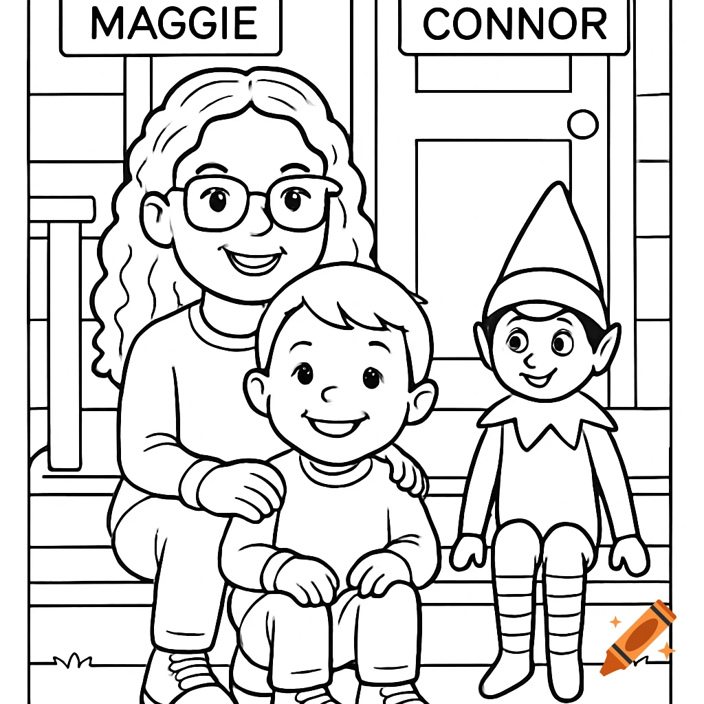 Black and white coloring page of a girl labeled Maggie, a boy labeled Connor, and an Elf on the Shelf sitting on a porch.