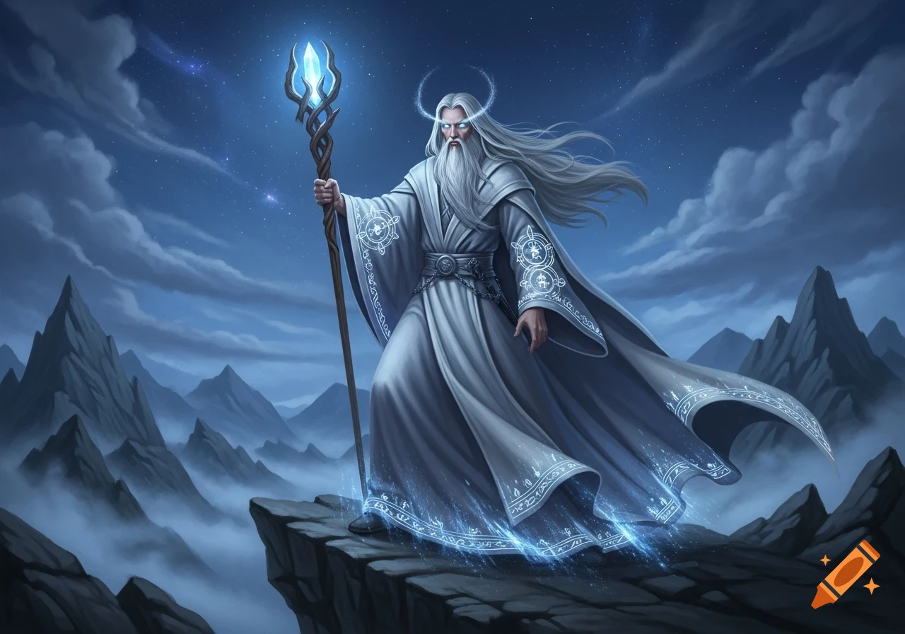 A majestic white wizard with glowing eyes and long white hair stands on a mountain cliff, holding a glowing magical staff under a starry night sky.