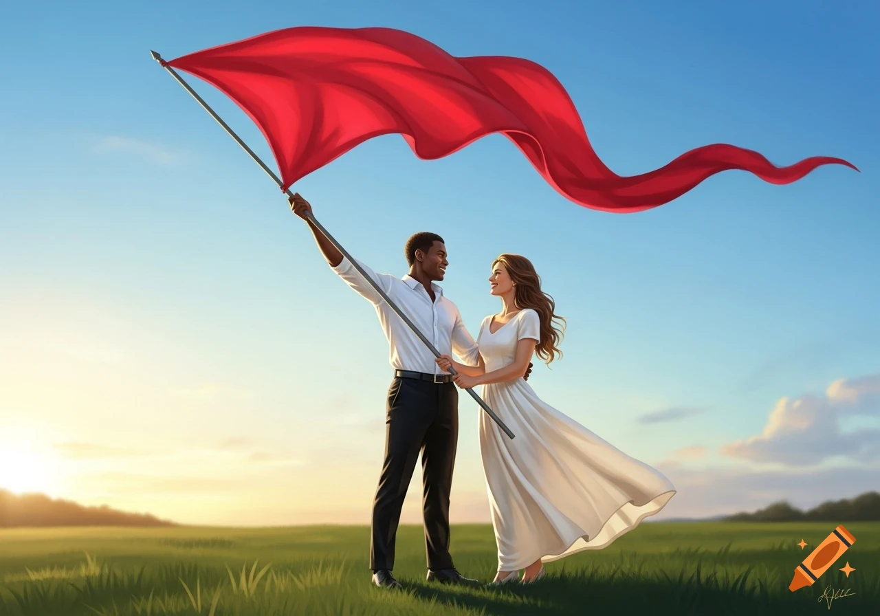 A diverse couple stands in a sunny, grassy field. The man raises a large red flag while looking at the woman beside him. Digital painting.