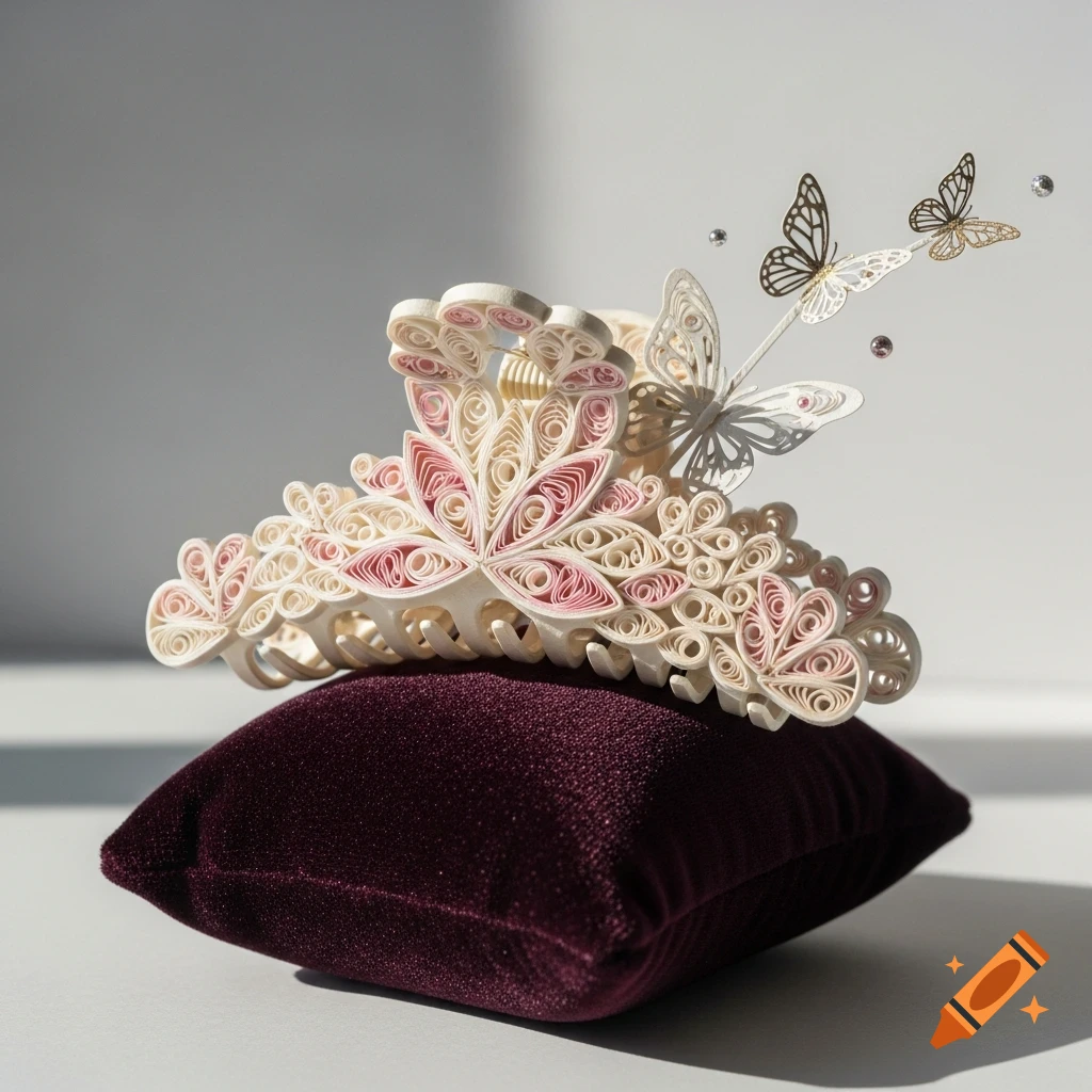 A detailed white and pink paper quilled hair claw clip with butterflies rests on a deep purple velvet cushion.