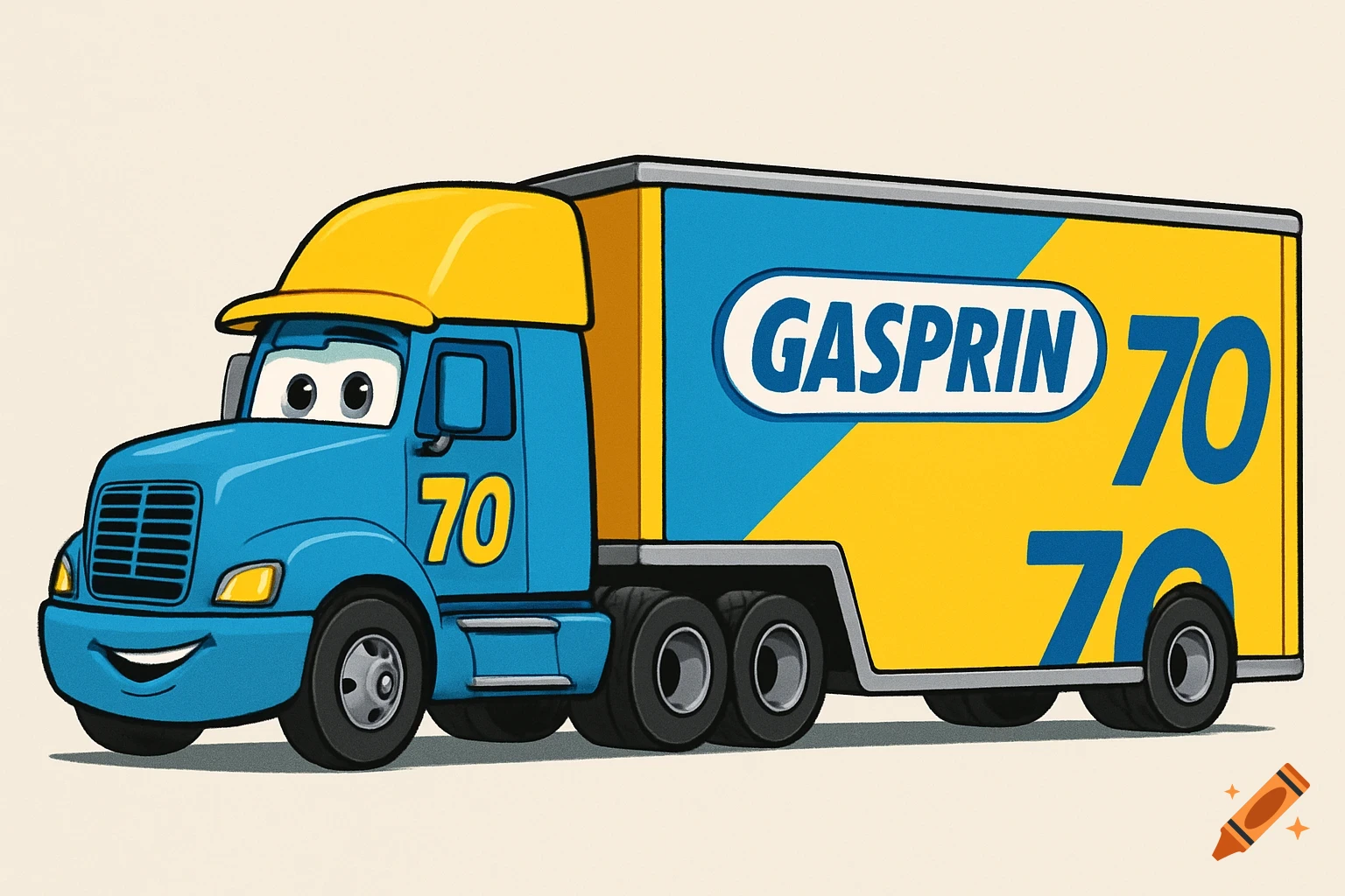 A cartoon blue semi-truck with a yellow roof and a trailer. The truck has a friendly face, '70' on the cab, and 'GASPRIN 70' on the trailer.