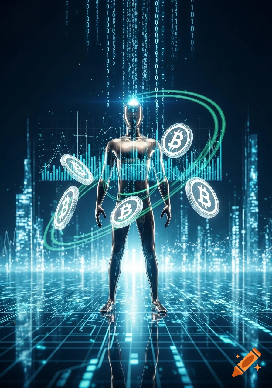 A stylized humanoid figure in a futuristic digital cityscape, surrounded by binary code, data graphs, and glowing Bitcoin coins.