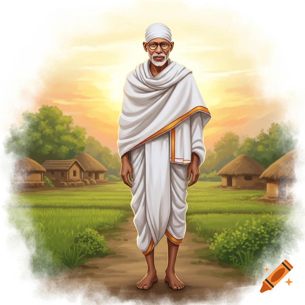 Illustration of an old man in white dhoti and turban standing on a path in a rural village with a sunset background.