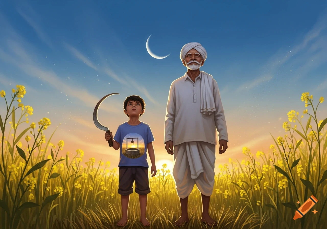 A child holding a sickle and an elder stand barefoot in a golden mustard field under a crescent moon, painterly.