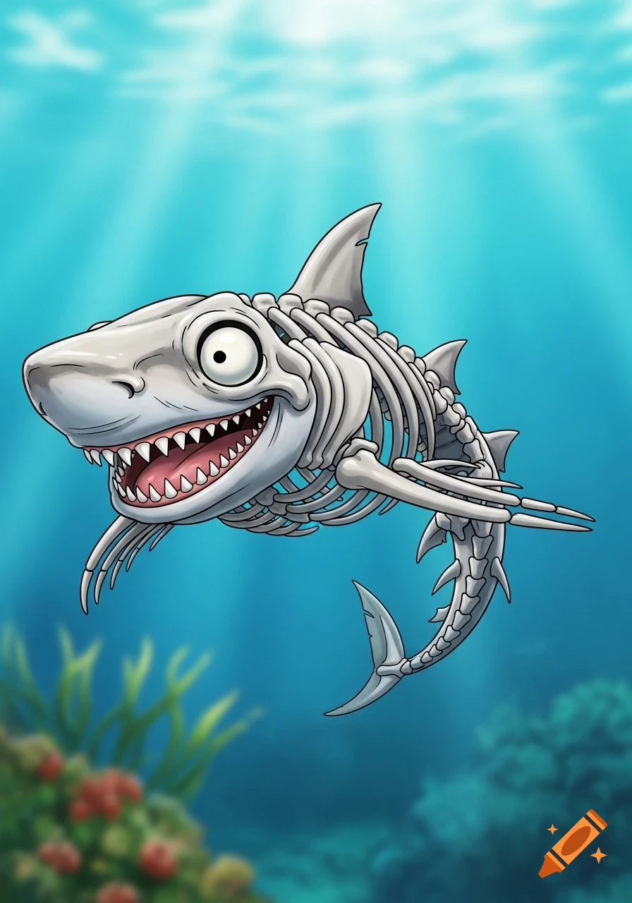 Cartoon shark skeleton with an exaggerated grin and wide eyes, swimming clumsily in a blurry underwater scene.