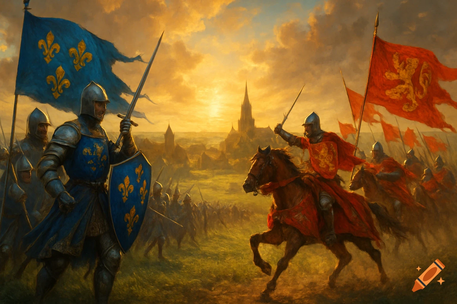 A dramatic medieval battle scene at sunset, with knights in armor, one side carrying blue flags with fleur-de-lis and the other red flags with lions.