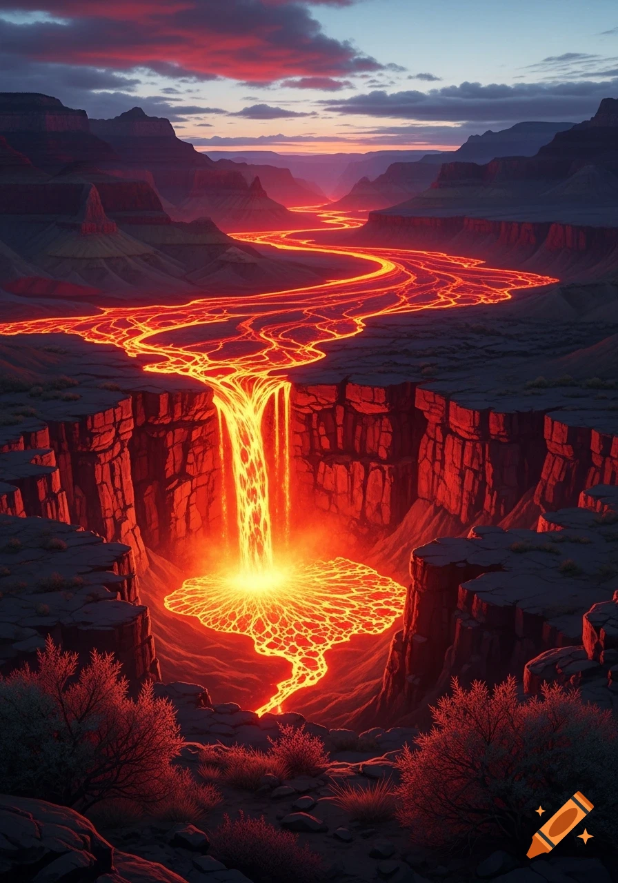 A winding river of glowing orange lava flows through a dark canyon, cascading down a waterfall into a molten pool at sunset.