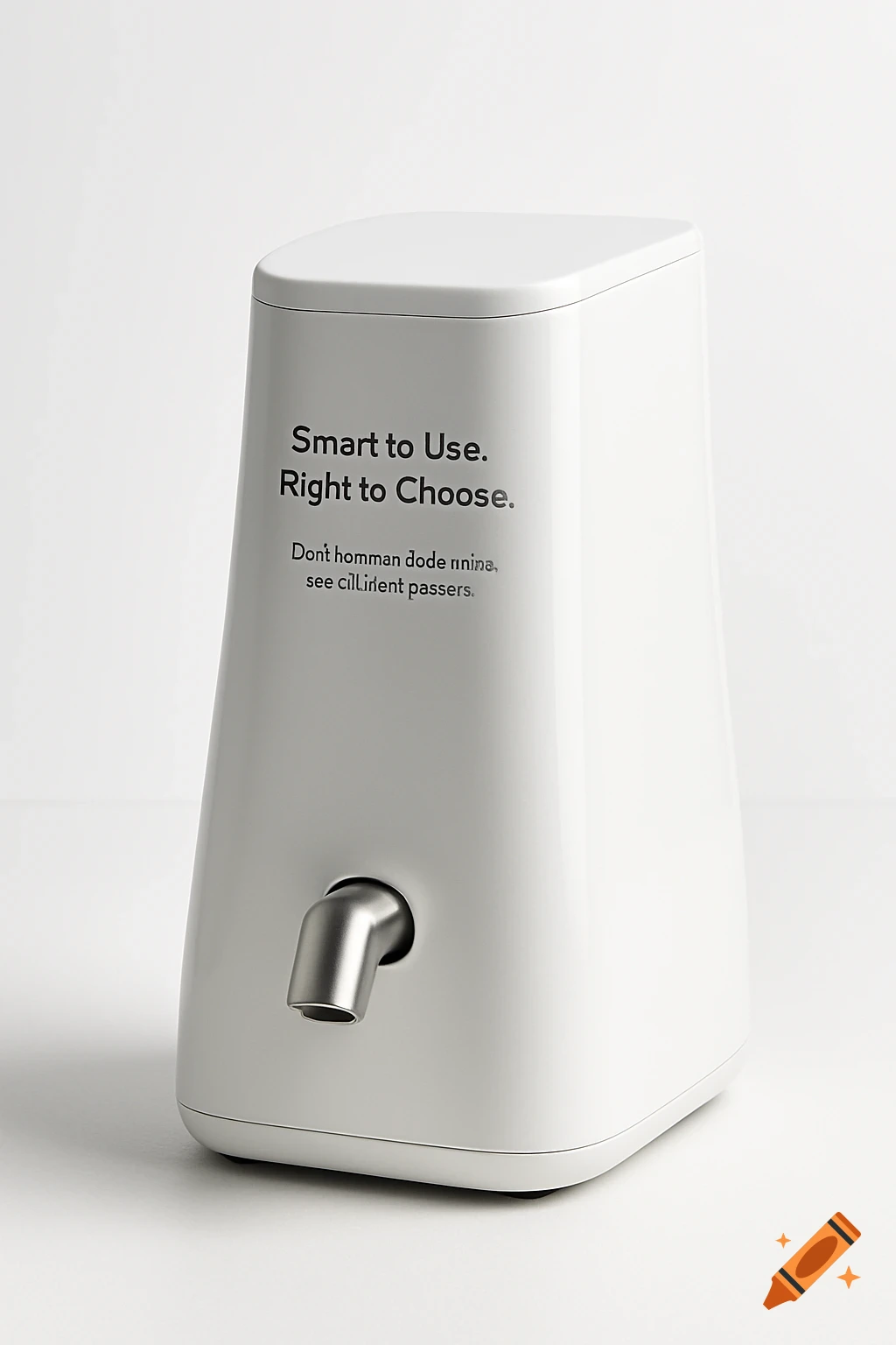 Photorealistic product shot of a white, minimalist smart sauce dispenser with a chrome spout, on a clean white background.
