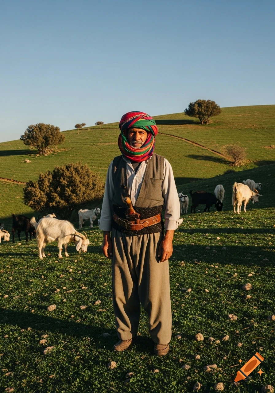 A man in a colorful turban and vest stands in a green field with goats under a blue sky.