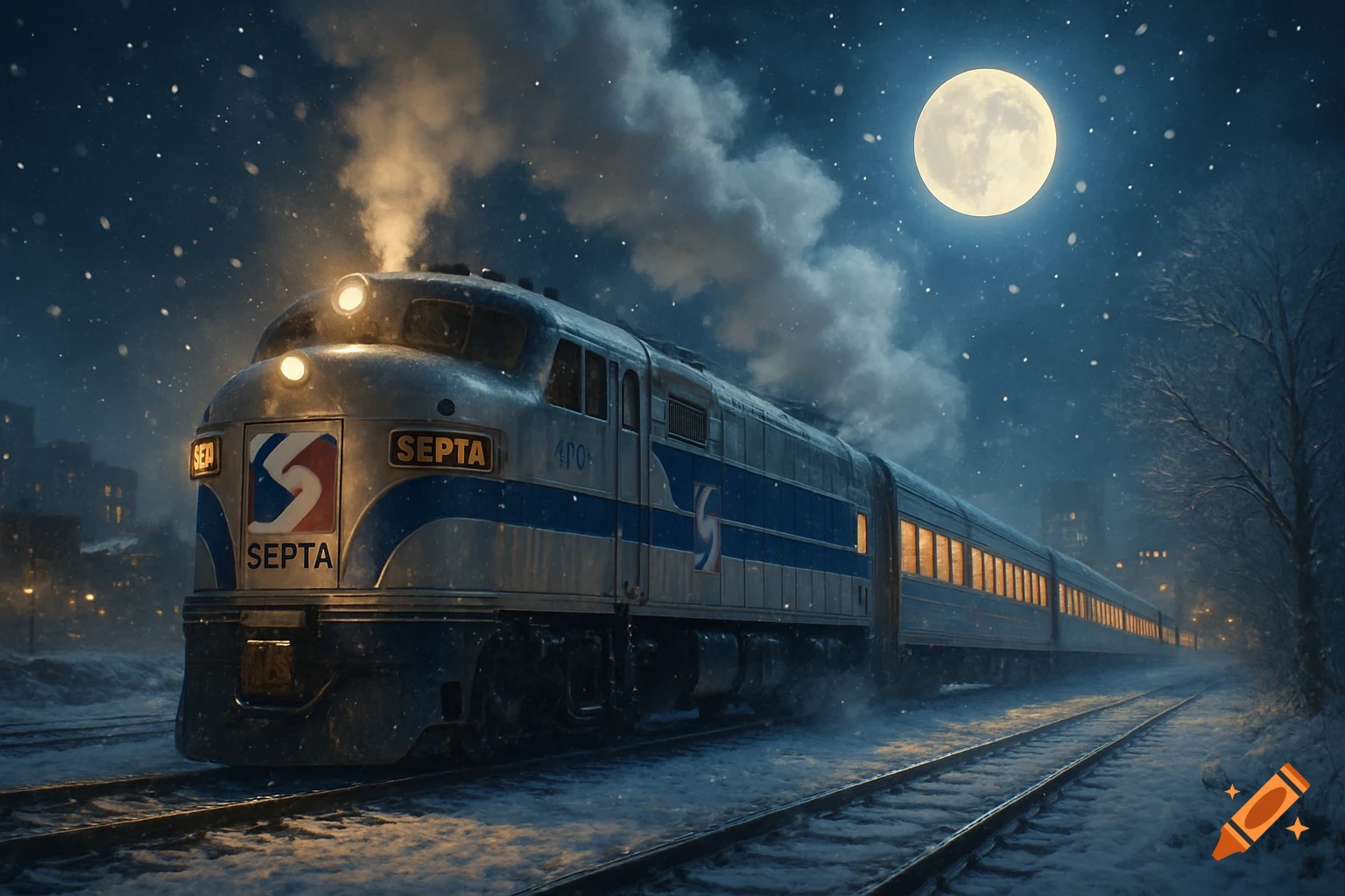 A SEPTA train travels on snowy tracks at night under a full moon, with steam rising and snow falling.