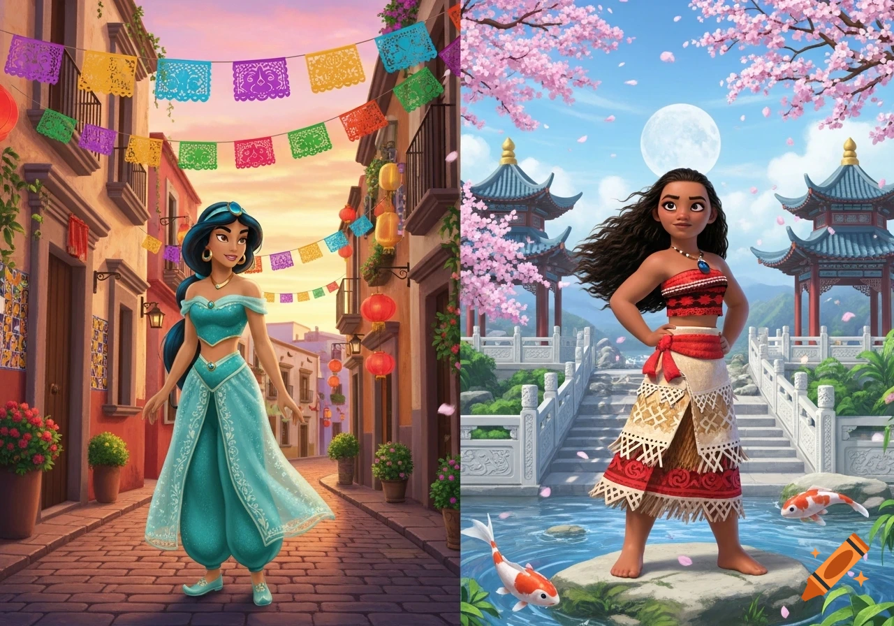 Princess Jasmine in a colorful Mexican street with papel picado, and Moana in a serene Chinese garden with pagodas and cherry blossoms, in an animated style.