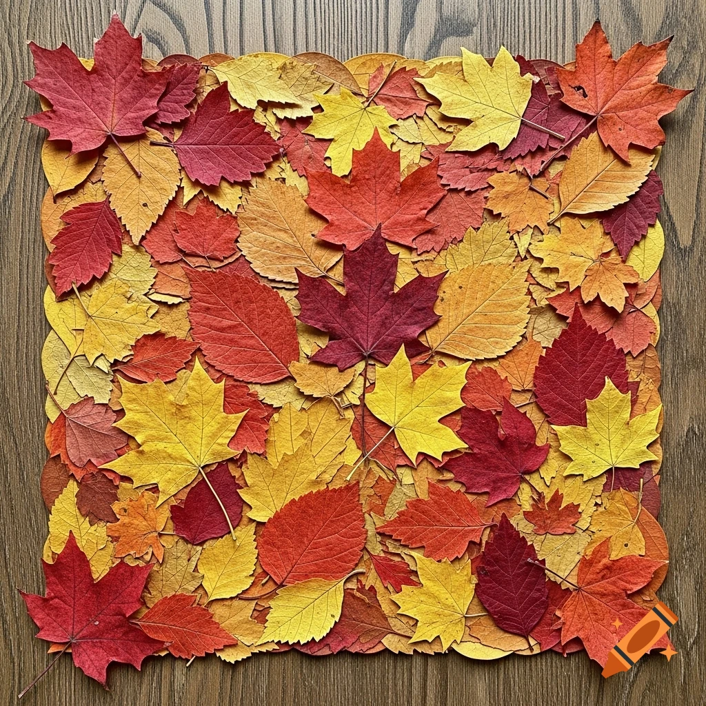 An artistic collage of red, orange, and yellow fallen autumn leaves arranged on a wooden table in a flat-lay composition.