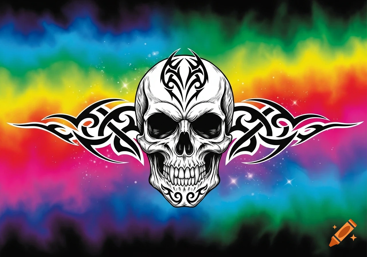 A stylized white skull with black tribal patterns on a vibrant rainbow-colored background.