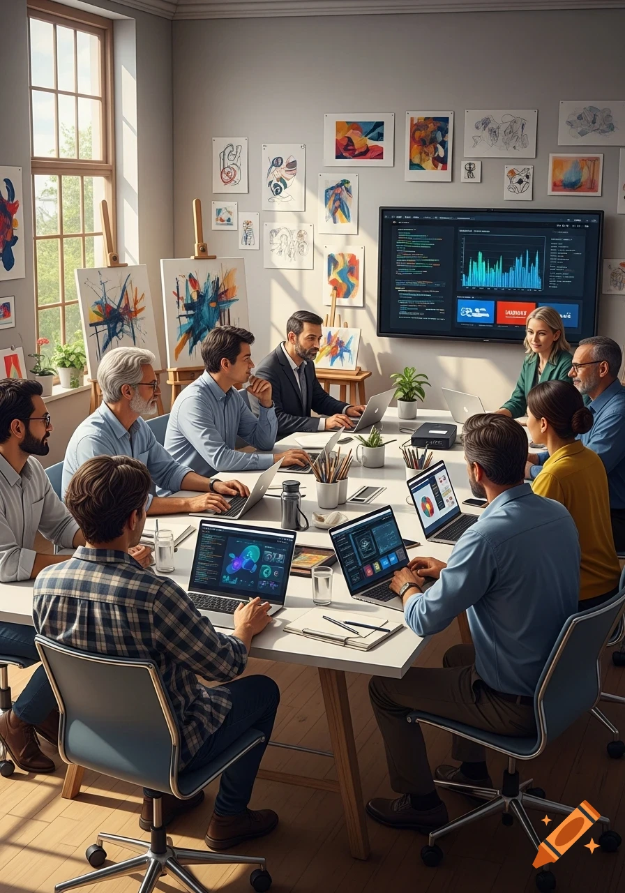 A diverse group of professionals attend a training session in a brightly lit room, working on laptops around a large table, with a big screen displaying data and code in the background, surrounded by various art pieces on the walls.