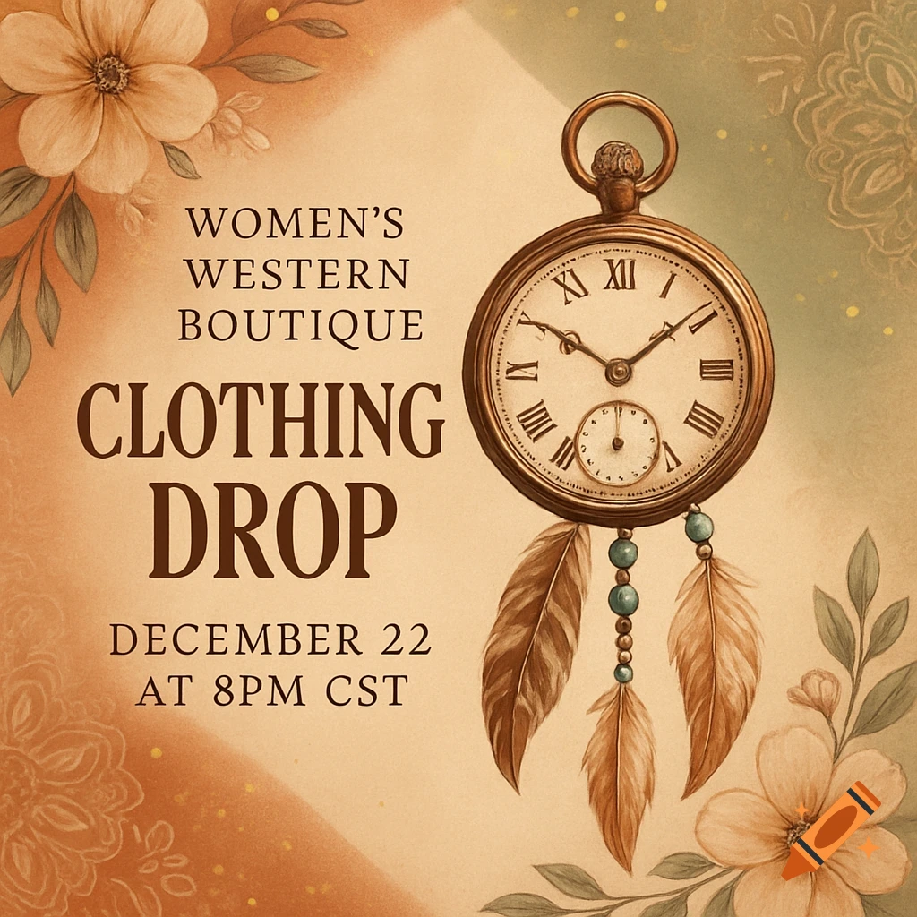 Boho-style ad for Women's Western Boutique Clothing Drop on Dec 22 at 8 PM CST, featuring a pocket watch, feathers, and flowers.