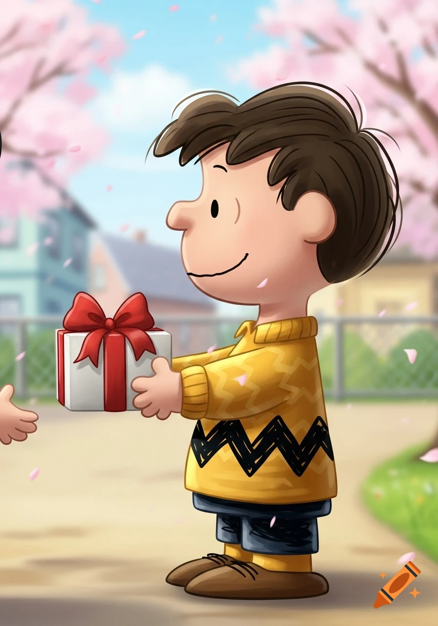 Cartoon Charlie Brown in a yellow sweater holds out a white gift box with a red bow, surrounded by falling pink cherry blossom petals.