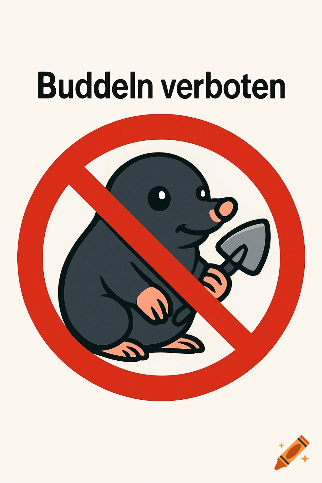 Cartoon mole with a shovel inside a red prohibition sign, with 'Buddeln verboten' text.