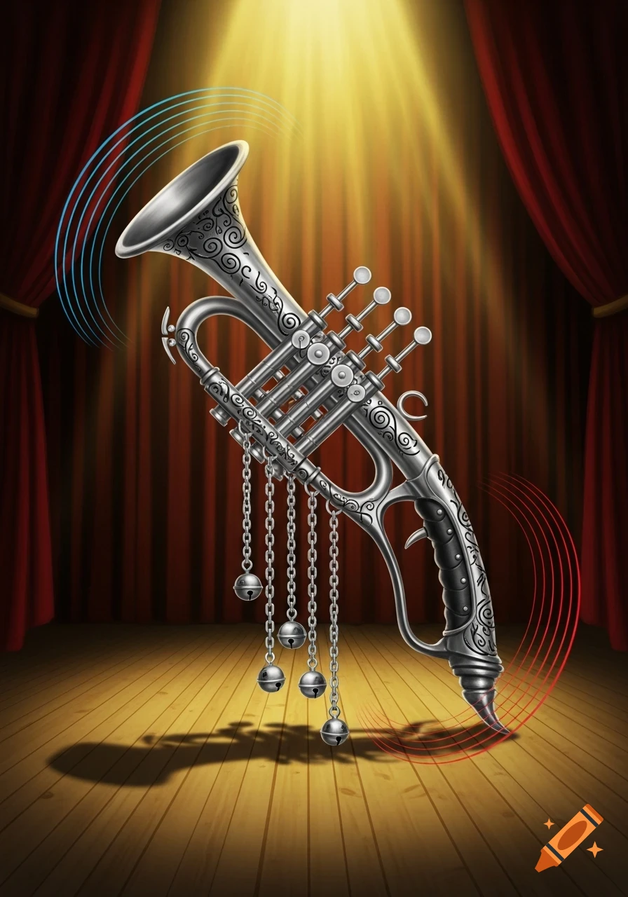 A ornate silver musical instrument with weapon-like features, bells, and sound waves sits on a spotlighted wooden stage with red curtains.