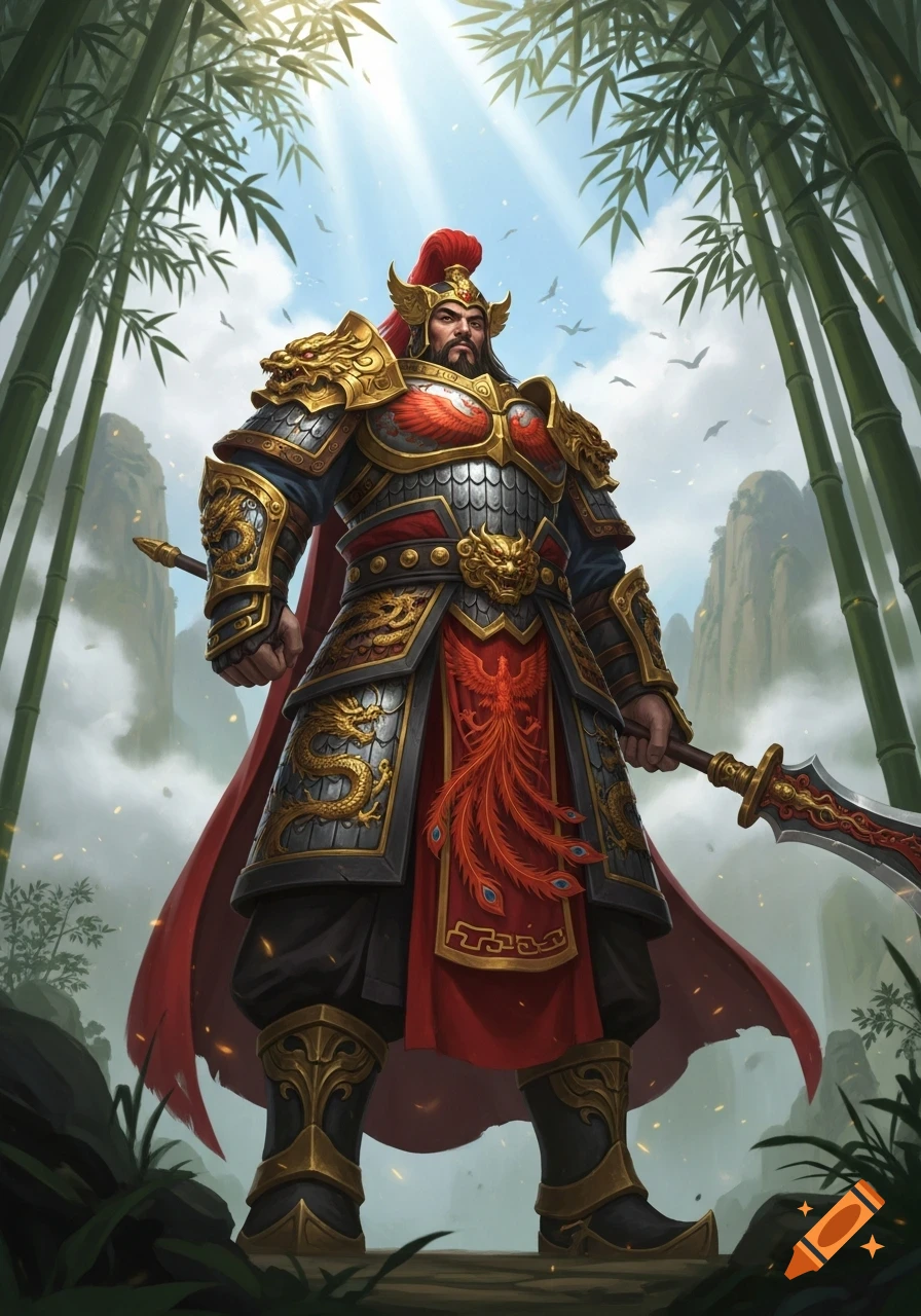 A formidable Chinese warrior in ornate gold and silver armor, adorned with dragon and phoenix motifs, stands in a bamboo forest.