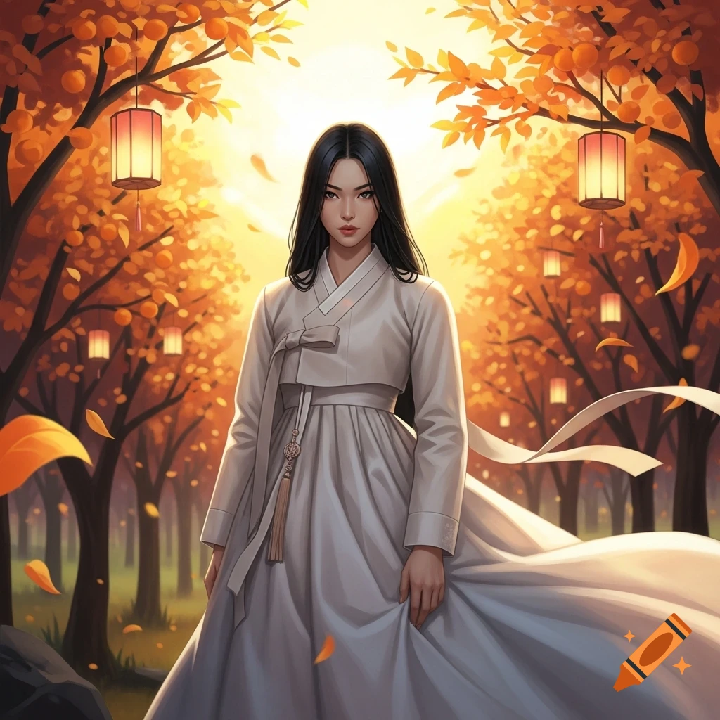 Illustrated Korean woman in a white hanbok standing in an autumn forest path with lanterns and golden sunlight.