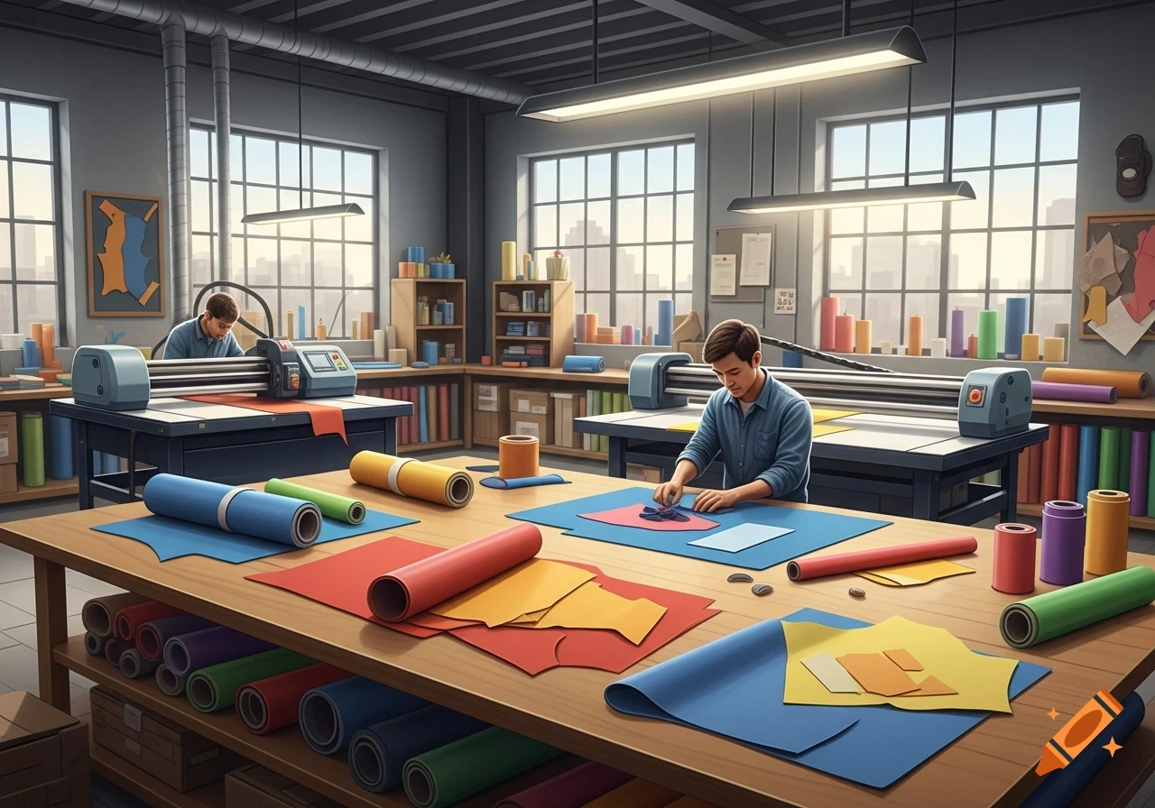 Two men work in a modern craft workshop, one operating a cutting machine and another hand-cutting colorful sheets on a large table with many rolls of material.