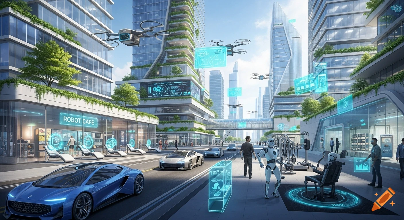 A vibrant, detailed futuristic city scene with sleek skyscrapers, flying drones, autonomous cars, and humanoid robots by a Robot Cafe.
