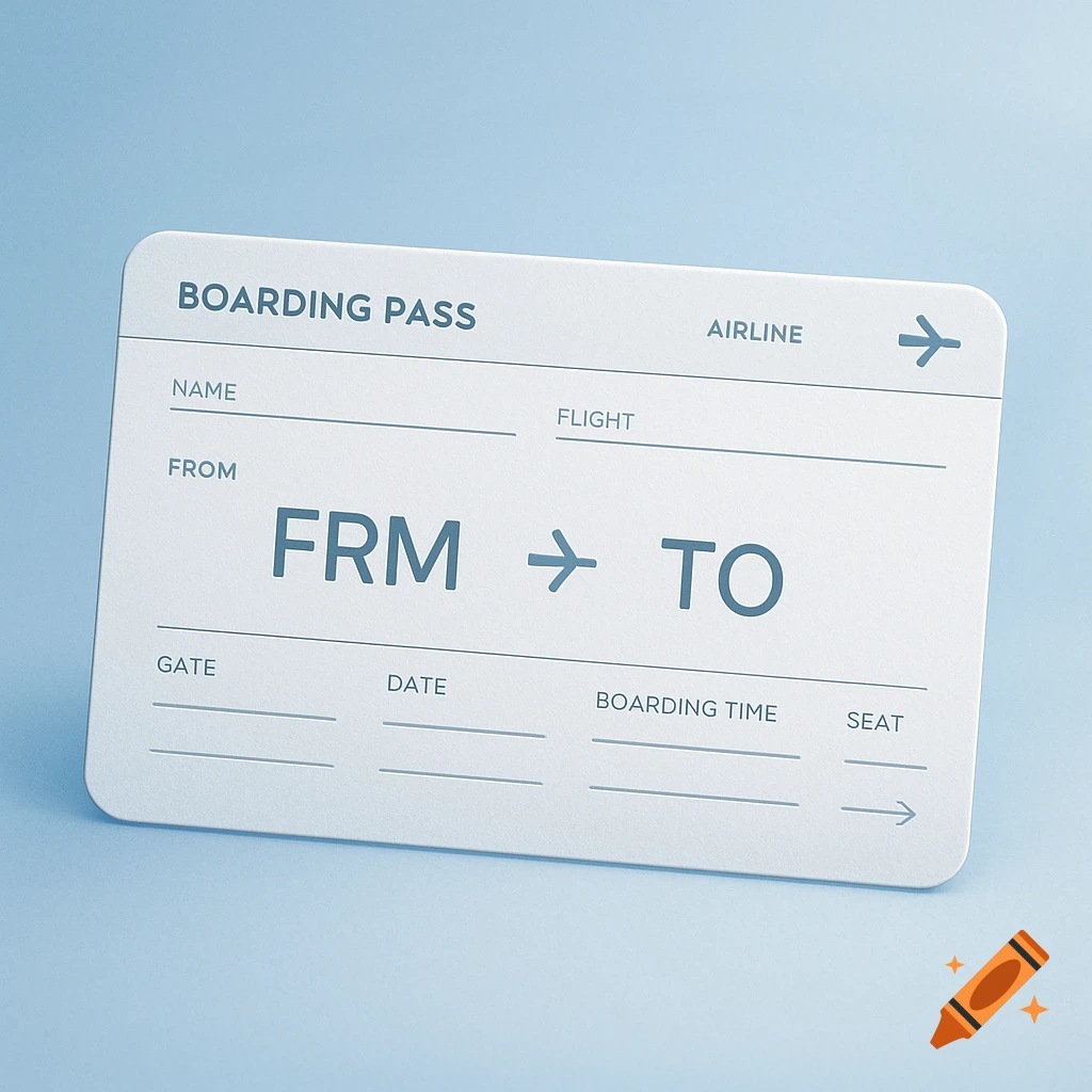 A minimalist, empty white boarding pass with blue text on a light blue background.