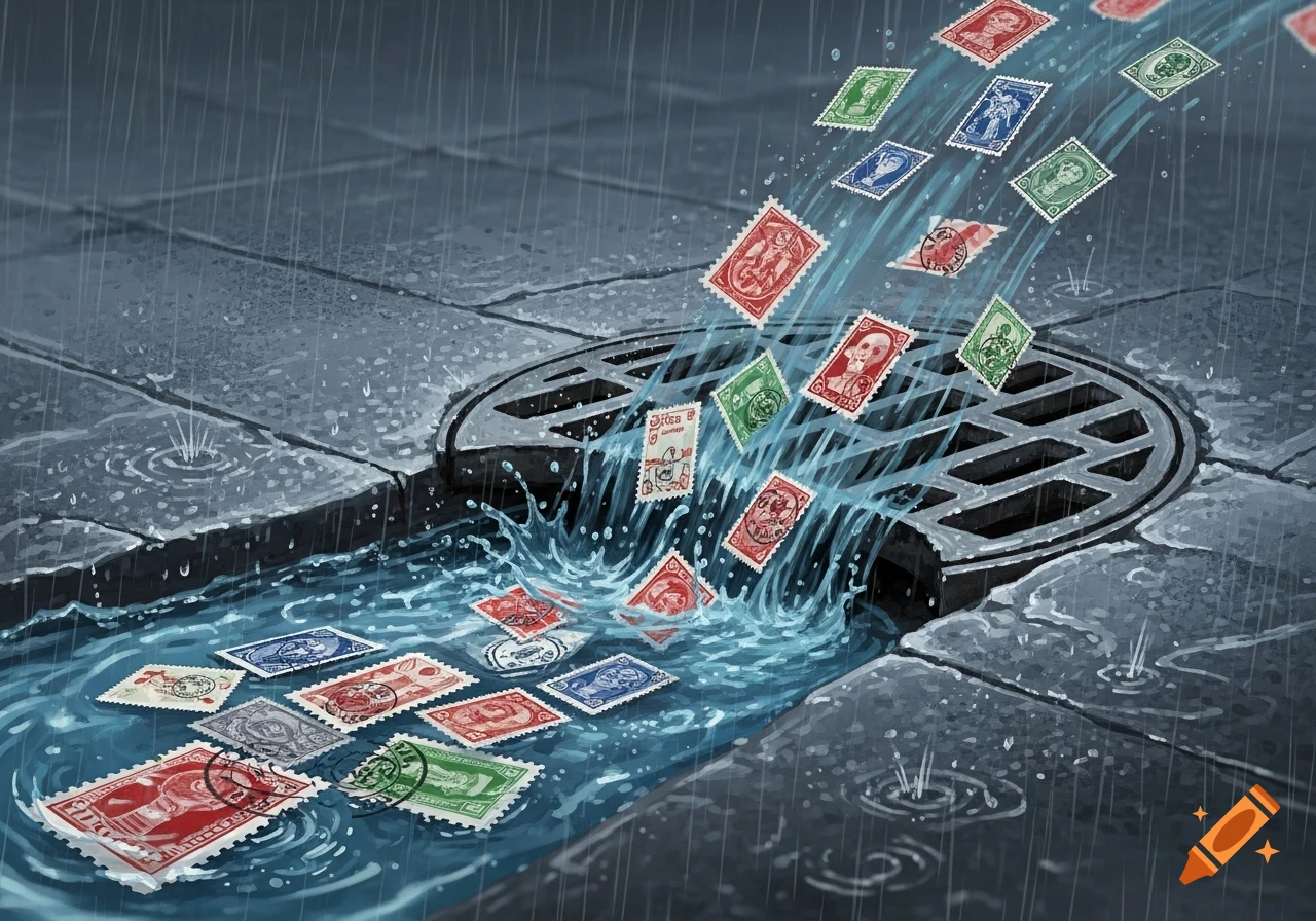A stylized illustration shows a heavy rainstorm washing numerous colorful postage stamps into a storm drain on a wet concrete street.