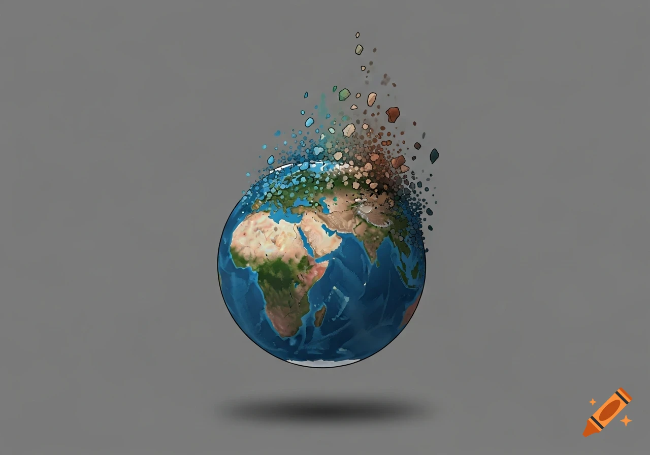 A cartoon globe showing continents breaking into many pieces, floating above a shadow on a grey background.
