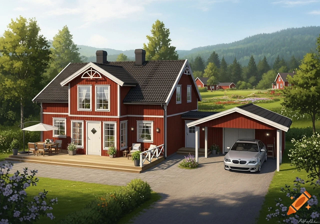 A red Swedish-style house with white trim, a wooden deck with outdoor furniture, and a silver BMW in the attached carport. It is surrounded by a lush green lawn, flower gardens, and trees, with hills in the background under a clear sky.
