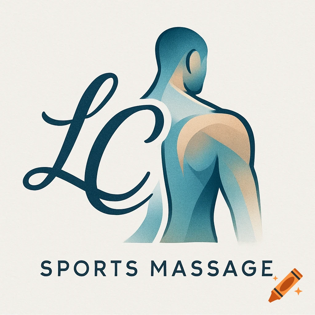 Stylized logo for a sports massage clinic featuring the letters LC intertwined with a blue and tan gradient human torso from the back, with 'SPORTS MASSAGE' text below.