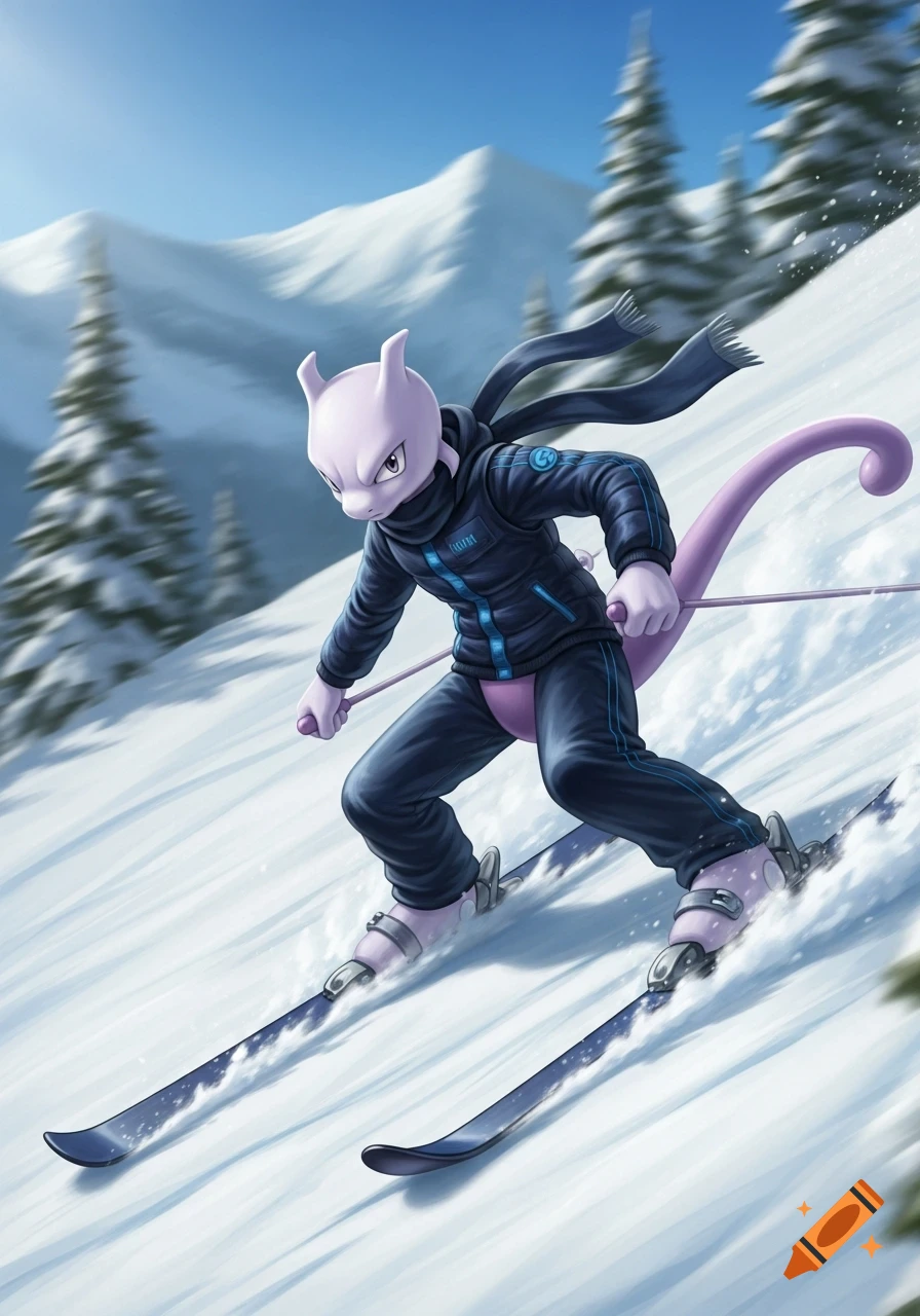 Mewtwo in a dark blue skiing suit and scarf, holding ski poles, skiing down a snowy mountain slope with pine trees.