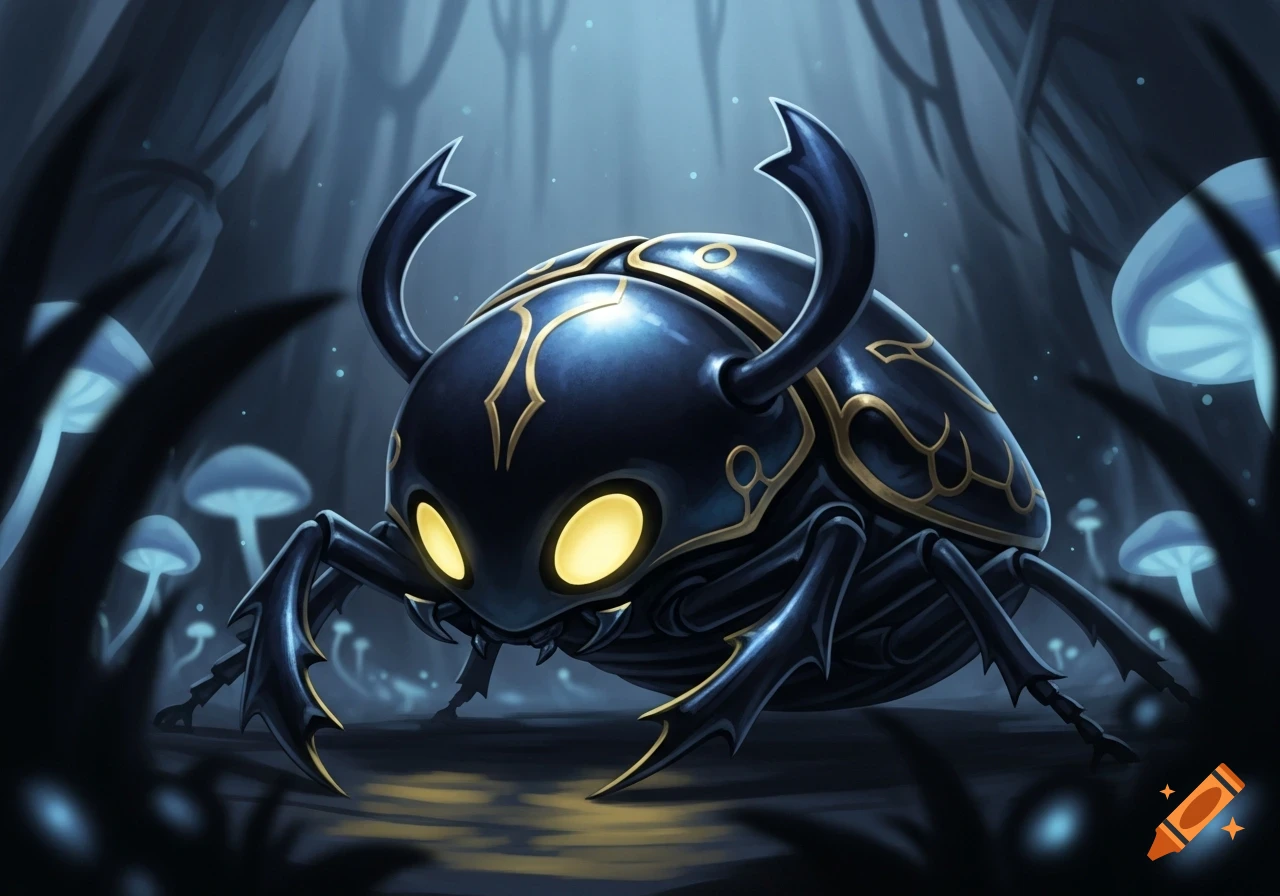A stylized dark blue beetle with glowing yellow eyes and gold markings stands in a dim, mushroom-filled forest, in Hollow Knight style.