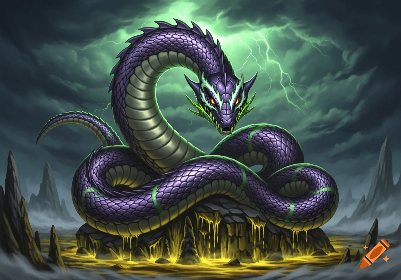 A vibrant purple and green serpentine monster with glowing eyes coils on a rock, surrounded by glowing liquid under a stormy green sky with lightning, in fantasy art.