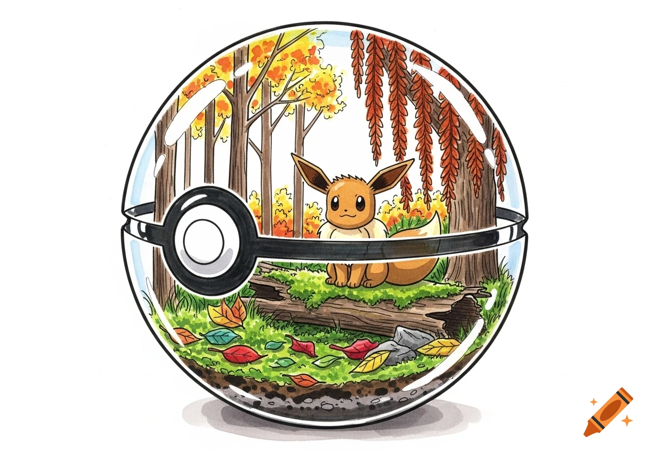 An Eevee sits on a mossy log inside a clear glass Poke Ball terrarium depicting a fall forest scene in a sketchy watercolor style.