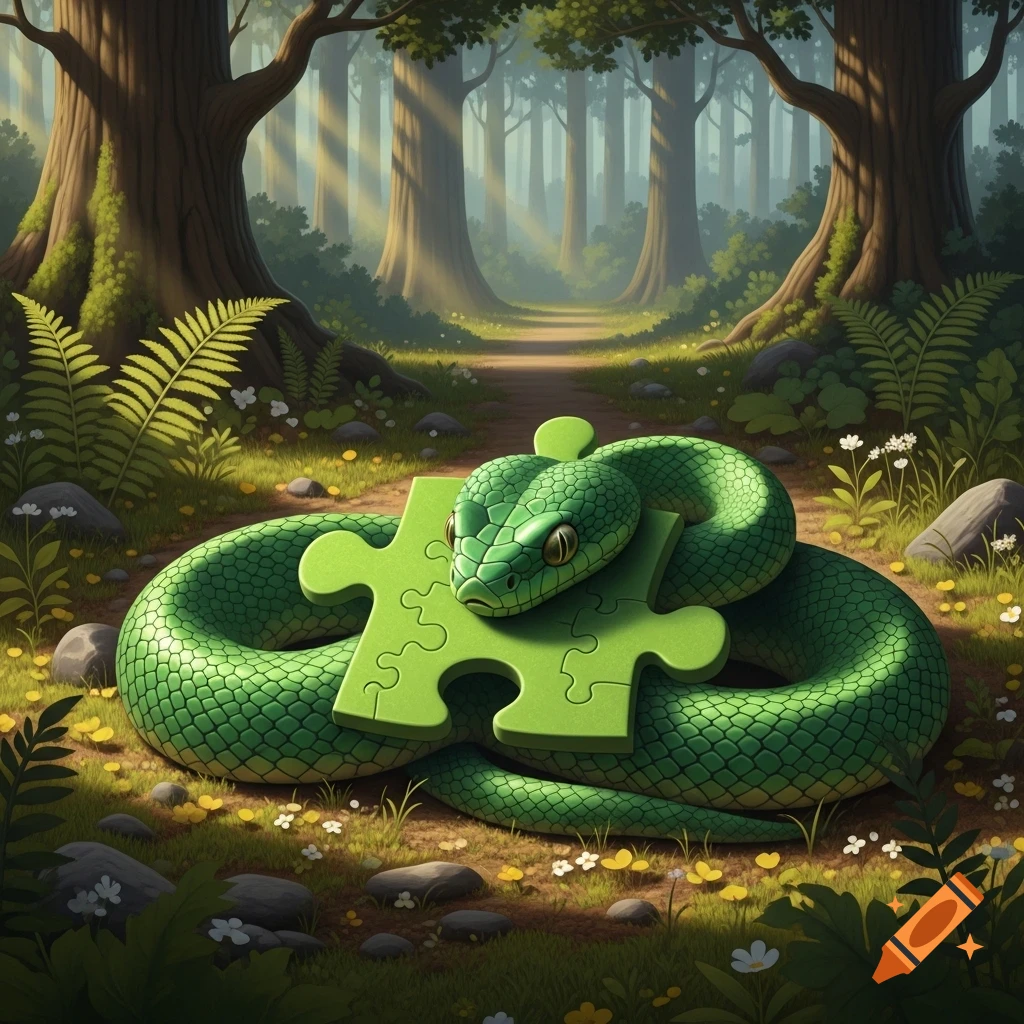A stylized green snake coiled around a bright green puzzle piece in a sunny, mystical forest.